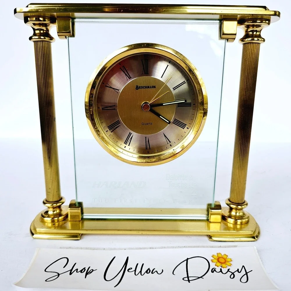 Vintage Benchmark Quartz Desk Clock Gold Tone Glass Harland Deloitte Fifty Years